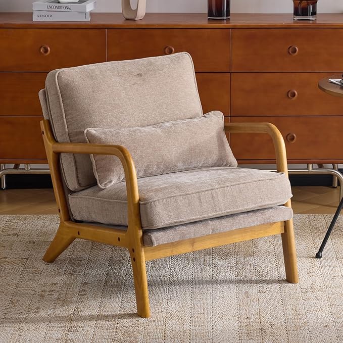 Karl home Mid Century Modern Accent Chair with Lumbar Pillow &amp Oak Arms – Plush Chenille Living Room Chair for Bedroom Lounge (Khaki)