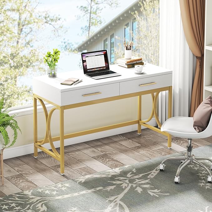 Tribesigns Modern Computer Desk with 2 Drawers Set of 2 41 Inches Study Writing Office Desk for Home Office Bedroom Makeup Vanity Table Desk with Gold Metal Frame White &amp Gold