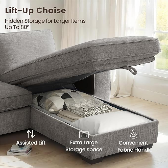 PARKOL 101 L-Shaped Sectional Couch with Storage Sofa with Reversible Chaise USB Type-C Charging Chenille Fabric Removable Cushion Covers for Small Space Apartment Living Room Light Gray