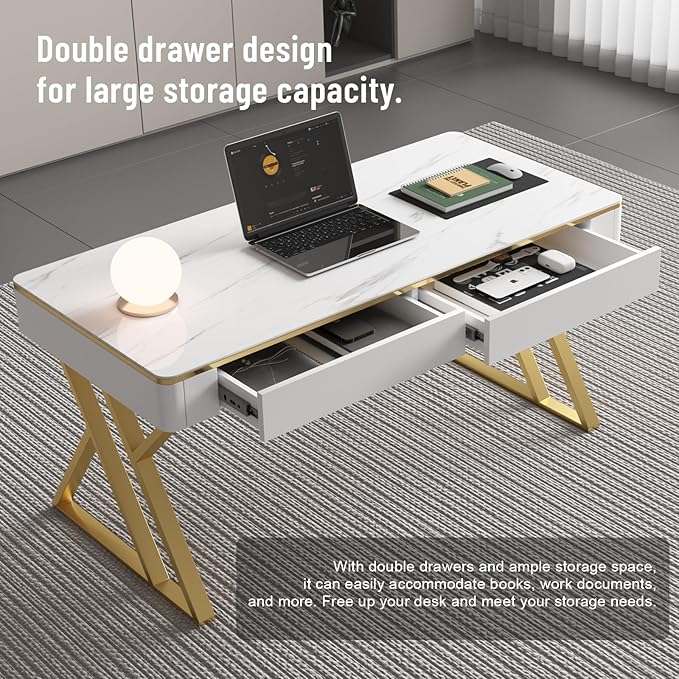 Modern Office Computer Desk with Tempered Glass Top &amp Marble Pattern White Wooden Gaming Desk with Drawers Thick Lacquered Writing Desk for Home Office Bedroom and Living Room (Z-104)