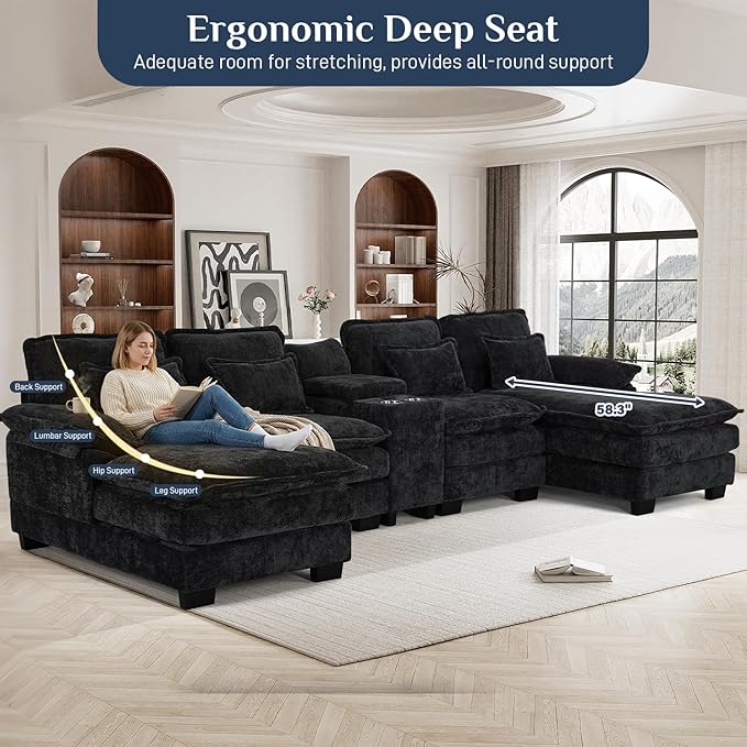 133 Oversized U Shaped Cloud Couch Modular Sectional Couches for Living Room Comfy Chenille Deep Seat Sofa Set with Double Chaise Lounge Storage Central Console Cup Holders USB Port Dark Black