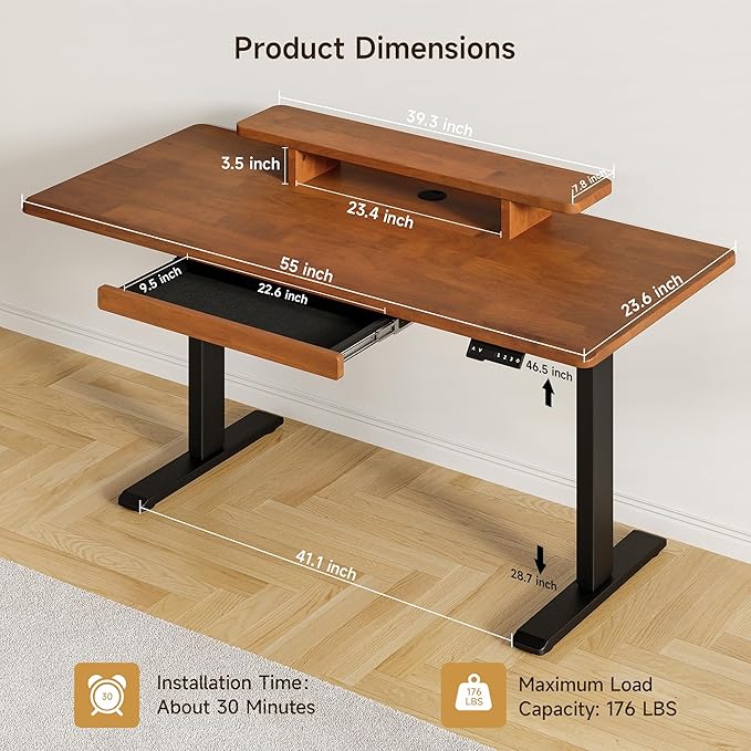 ONBRILL Standing Desk with Drawer 55x23.6 Inches Solid Wood Desktop Stand Up Desk with Whole-Piece Board and Storage Shelf Adjustable Height from 28-46 Inches for Home &amp Office Brown
