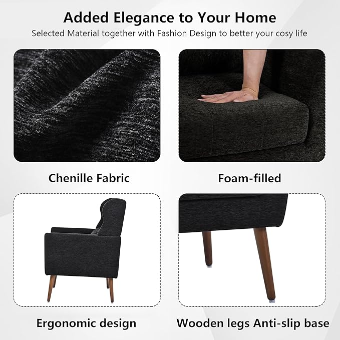 Modern Accent Chair Chenille Fabric Upholstered Tufted Side Chair Wingback ChairMid Century Reading Armchair with Waist Pillow Backrest for Living Room Bedroom (Black)