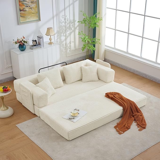 Upgraded King Size Foldable Sleeper Sofa Bed Folding No-Assembly Floor Couch Futon with 4 Pillows Wide Armrests &amp Storage Pockets Corduroy Convertible Sofa for Living Room Apartments Beige