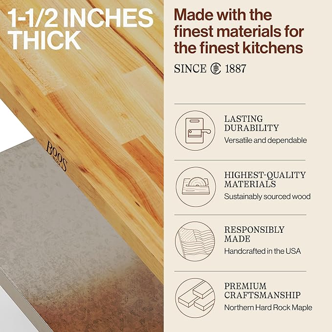 John Boos Maple Wood Top Work Table 36”x24”x36” – 1.5” Thick Tabletop 68-lb Kitchen Station with Wooden Edge-Grain Table &amp Steel Base &amp Adjustable Shelf
