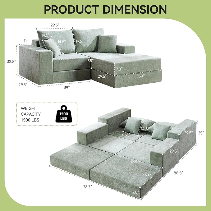 79 Boneless Loveseat Sofa Couch Modular Foldable Floor Cloud Sofa with Ottoman Lounge Convertible Sofa Bed for Living Room No Assembly Chenille Green