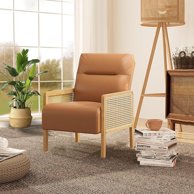 Rattan Accent Chair with Rattan Arms Mid Century Modern Chair for Living Room Faux Leather Upholstered Comfy Chair for Bedroom Reading Room Home Office Whisky Brown