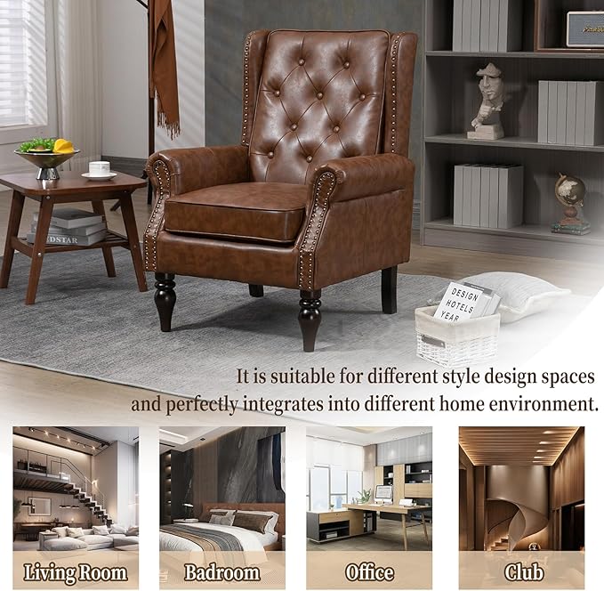 Mid-Century Wingback Chair PU Leather Accent Chair Armchair with ButtonsModern Living Room Chairs with Rivet DecorationLeisure Single Sofa Chair for BedroomClubHome Reception (PU Brown)