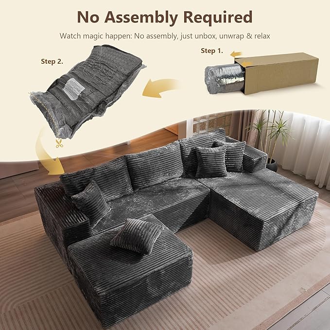 108 L-Shape Boneless Couch with Ottoman Modern Deep Seat Cloud Sectional Couches for Living Room Plush Corduroy Memory Foam Modular Sofa in a Box Grey