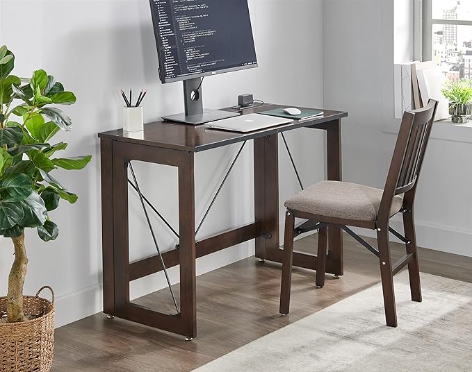 MECO Stakmore 110 Volt Stylish Versatile Expandable Folding Desk with Built in Outlets for Home Office Den or Living Room Espresso