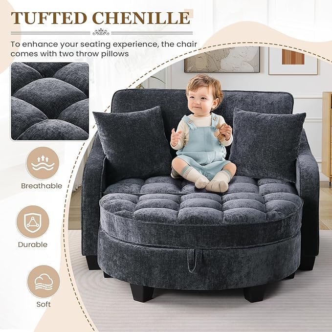 Oversized Chair and A Half Chenille Tufting Accent Cozy Reading Sofa Chair with Storage Ottoman Upholstered Loveseat Chaise Lounge Sofa with Adjustable Back for Living Room Office Sunroom Black