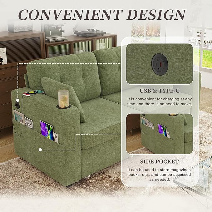 67 Small Loveseat Couch with Storage USB Charging and Cup Holder Space Saving Furniture Modern Chenille Love Seat Sofa Small Couches for Small Spaces Bedroom Apartment Olive Green