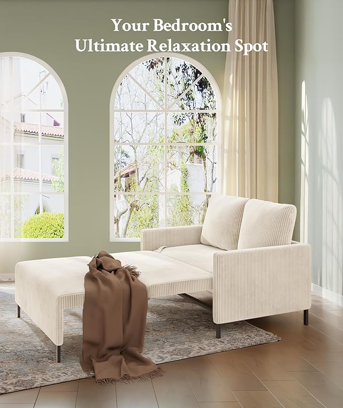 47.2 Convertible Sofa Bed Couch Comfy Corduroy Couch Bed All in 1 Loveseat Sleeper Sofa Love Seat Sleeper Bed 2 Pillows Modern Couches for Living Room/Apartment/Home/Office Cream White