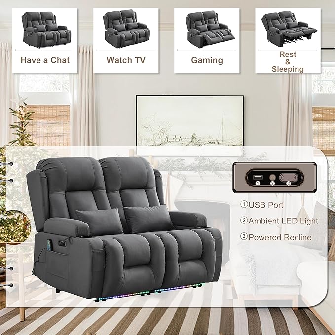 TUNYI Wall Hugger Loveseat Recliner Sofa with Massage &amp Heat Power Reclining Loveseat RV Couch with USB/Outlet/Storage/LED Light/Speaker (Grey)