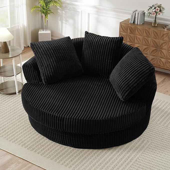 61W Oversized Round Chaise Lounge Chair Indoor Upholstered Corduroy Large Circle Boneless Chair with Deep Seat No Assembly Required Modern Comfy Cloud Sofa Chairs for Living Room Bedroom(Black)