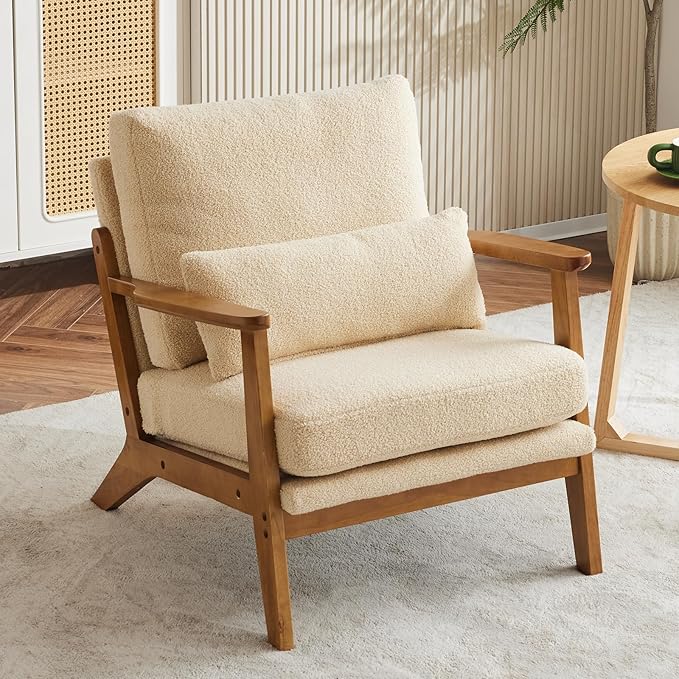 Karl home Accent Chair Wide Armrest Mid-Century Lounge Chair Teddy Fleece Armchair with Lumbar Pillow &amp Solid Wood Frame for Living Room Bedroom Balcony Khaki