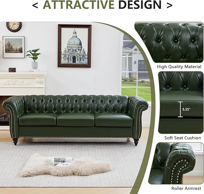 ORRD Chesterfield Sofa Leather Modern Faux PU Tufted Couch 3 Seater with Rolled Arms and Nailhead for Living Room Bedroom Office Apartment (Green)