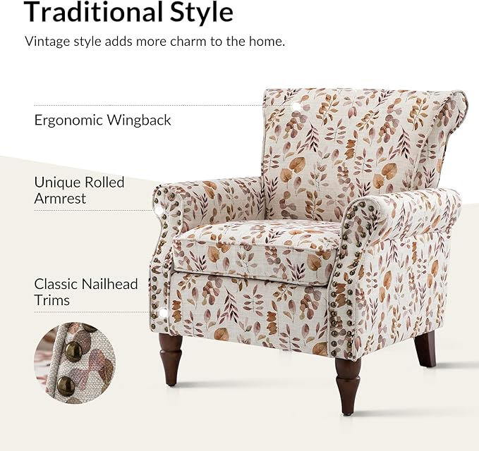 Wingback Accent Chair with Wood Legs Modern Comfy Upholstered Armchair with Removable Cushion and Nailhead Trim Floral Pattern Single Sofa Reading Chair for Living Room Bedroom
