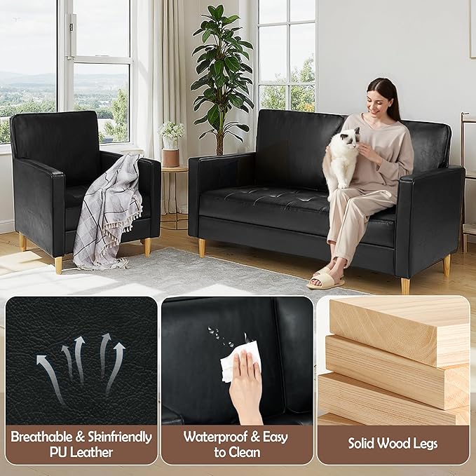 AILEEKISS Mid-Century Sectional Sofa Set for Living Room Faux Leather Office 2 Pcs Couch Set with Armrest Modern Upholstered Loveseat Couches (1-Seater+2-Seater Black)