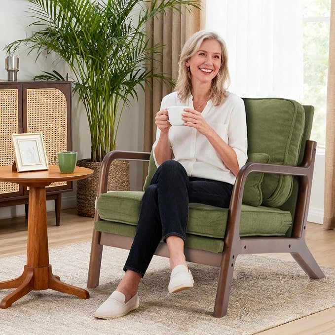 DUMOS Mid Century Modern Chair Set of 2 Accent Chair with Arms and Waist Cushion Reading Chairs for Adults Lounge Chair for Living Room and Bedroom Solid Wooden Frame Dark Green