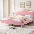 IDEALHOUSE Queen Size Bed Frame with LED Lights Velvet Upholstered Platform Bed with Adjustable Headboard for Kids/Girls Wooden Slats Support No Box Spring Needed Pink