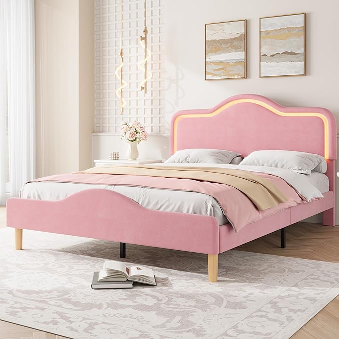 IDEALHOUSE Queen Size Bed Frame with LED Lights Velvet Upholstered Platform Bed with Adjustable Headboard for Kids/Girls Wooden Slats Support No Box Spring Needed Pink