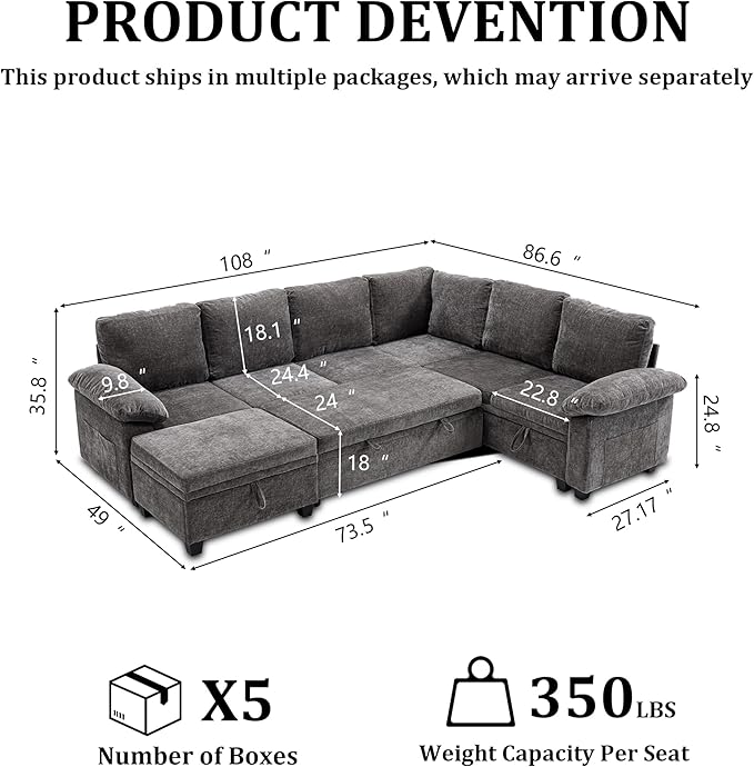 108 Inch Sectional Sleeper L Shaped Sofa with Pull Out Bed 7 Seat Modular Sectional Sofa with Storage Modern Chenille Cloud Couch Sectional Couches for Living Room Gray