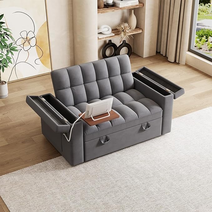 65 Modern Velvet Double Sofa 3 in 1 Foldable Computer Desk Sofa Bed with Adjustable Backrest Storage Bag and Pillow Hidden Living Room Laptop Desk with USB Port (Dark Gray)