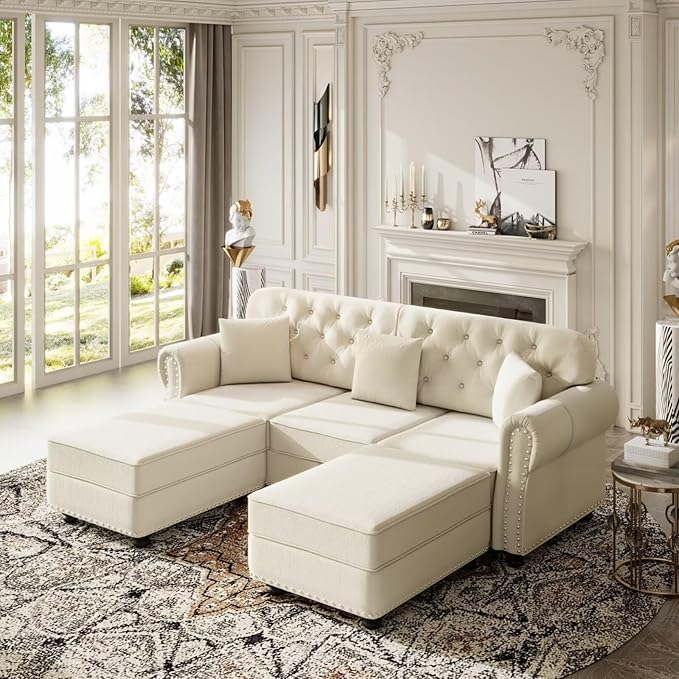 Beige Velvet Sectional Sofa with 2 Matching Ottomans Nailhead Trim &amp Rolled Arms Mid-Century Modern Chesterfield Couch with 3 Pillows Ideal for Living Room or Apartment