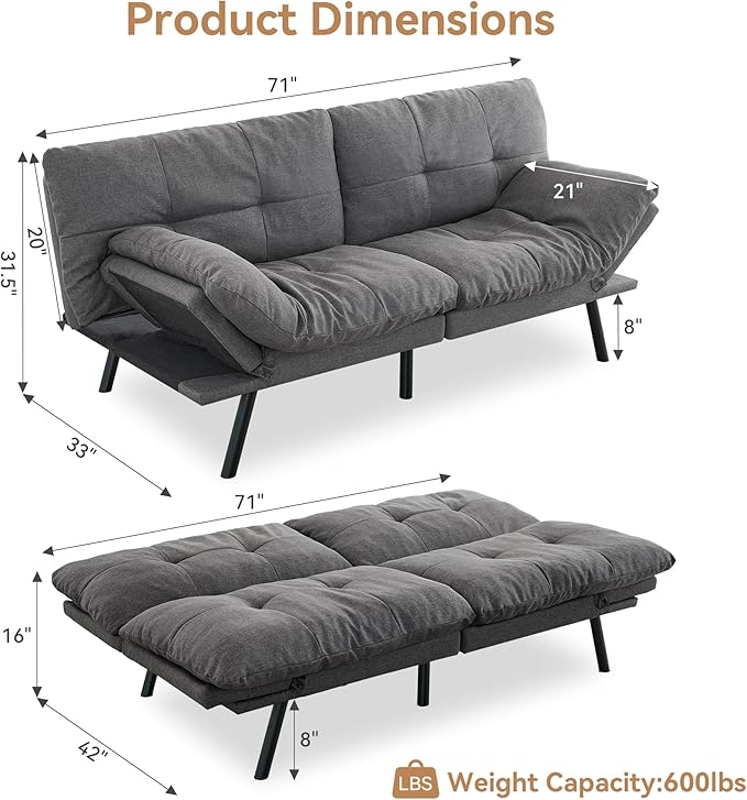 Convertible Futon Sofa Bed71 Modern Fabric Futon Couch with Adjustable Backrest&ampArmrestSmall Loveseat Sleeper SofaDorm Futonsofa for ApartmentLiving RoomDetachable CushionsFog Grey