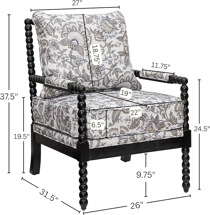Roundhill Furniture Belvoir Upholstered Spool Accent Chair with Turned Wood Frame Floral with Black Finish