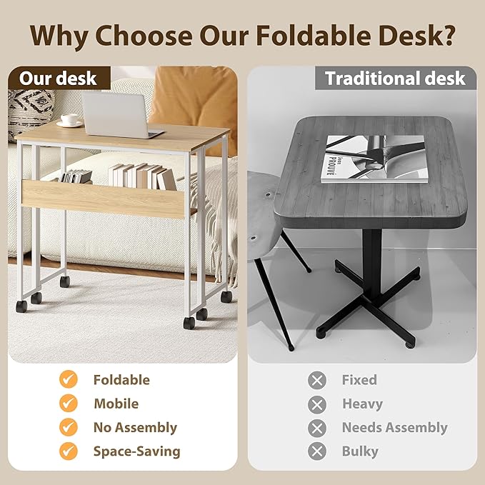 Folding Desk Small Rolling Desk with Storage Shelf24.8 Inch Foldable Computer Table with WheelsPortable Office Desk for Small Space Sofa TableEasy to FoldWriting Work Office Computer DeskOak