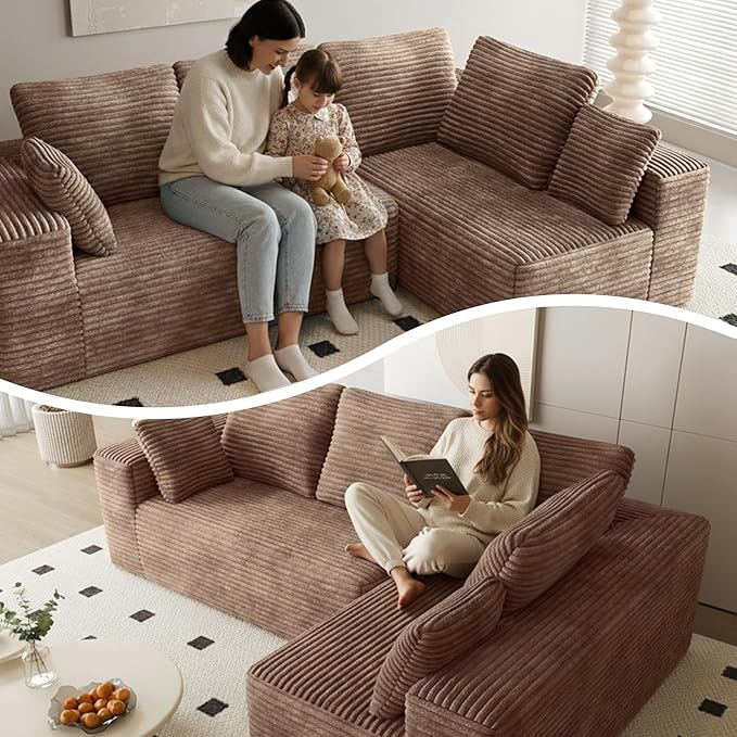 L Shaped Cloud Sectional Sofa Boneless Couch Sectional Couches for Living Room Modern Cozy Corduroy Deep Seat Sleeper Sofa No Assembly Required (Right Facing Chaise Brown)
