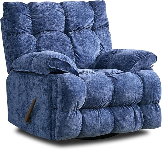 Oversized Rocker Recliner Chair for AdultsOverstuffed 360° Swivel Rocking Recliner Extra Wide Breathable Fabric Manual Reclining Single Sofa for Living Room (Blue)