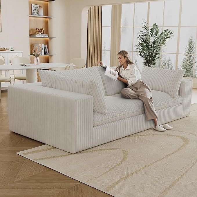 Boneless Corduroy Modular Couch with Removable Cushion 78.8 Comfy Cloud Couch for Small Spaces Deep Seat &amp Memory Foam No Assembly Required Compression Couches for Small Spaces(White) | Fluff
