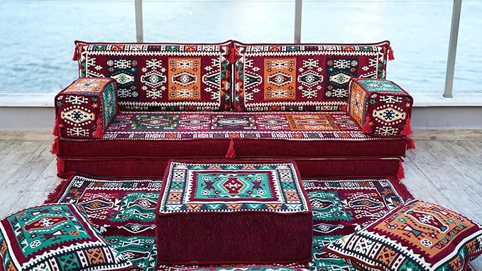 arabicsofa Maroon Arabic Majlis Sofa with Cushions – Modular Loveseat Floor Sofa for Living Room