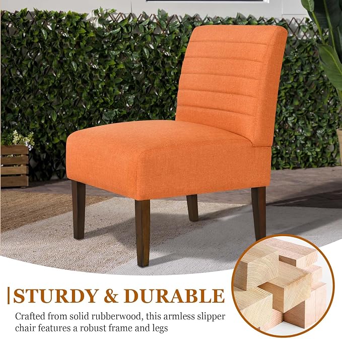Modern Accent Chair for Living Room Upholstered Armless Slipper Chair with Back &amp Wood Legs Comfy Small Chair for Bedroom Living Room Reading Spaces Office (Orange)