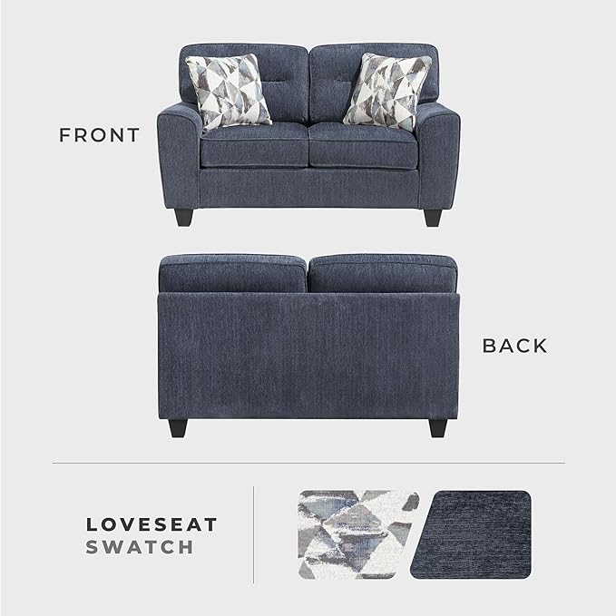 Lexicon Modern Loveseat Chenille Loveseat 2 Pillows Track Arm Reversible Cushions Removable Cushion Cover Easy Assembly Small Couch for Living Room/Office/Reading Spaces Blue