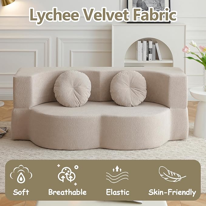 2-In-1 Futon Sofa Bed Foldable Couch with 2 Pillows Convertible Foldable Sofa Bed Folding Sofas Beds for Living Room Guest Room Apartment Office Lazy Sleeper Comfy No Assembly (khaki)