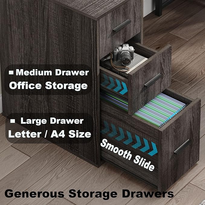 LVB L Shaped Desk Wood Metal Computer Desk with Drawer Industrial Corner Home Office Desk with Storage Cabinet for Bedroom Dark Gray Oak 59 Inch