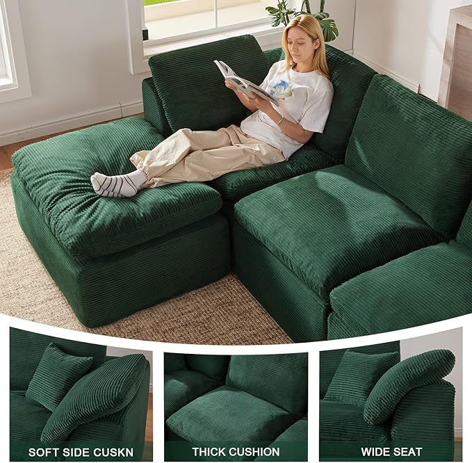 112 Cloud Sectional Couch Boneless couches for Living Room L Shaped Couch with Convertible Ottoman Modular Sectional Sofa with Deep Seat Comfy Soft Cushions No Assembly Green