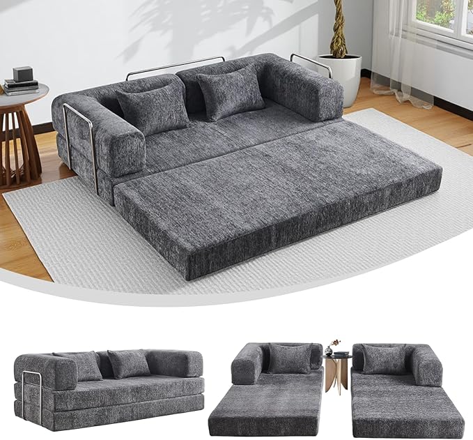 5-in-1 Convertible Folding Sofa Bed 79 Queen Chenille Boneless Couch with Removable Armrests No Assembly Loveseat Sleeper Sofa Modular Futon Couch for Living Room &amp Bedroom Dark Grey