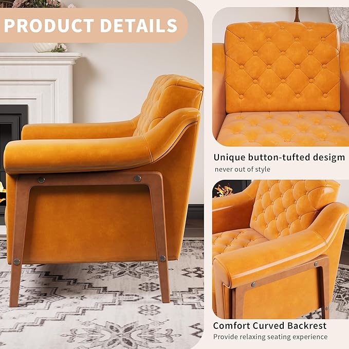 EJUNQ Cozy Accent ChairPU Leather Modern Living Room ChairsMid-Century Office Reading ChairSingle SofaArmchair for Bedroom Apartment Waiting Room(Orange)