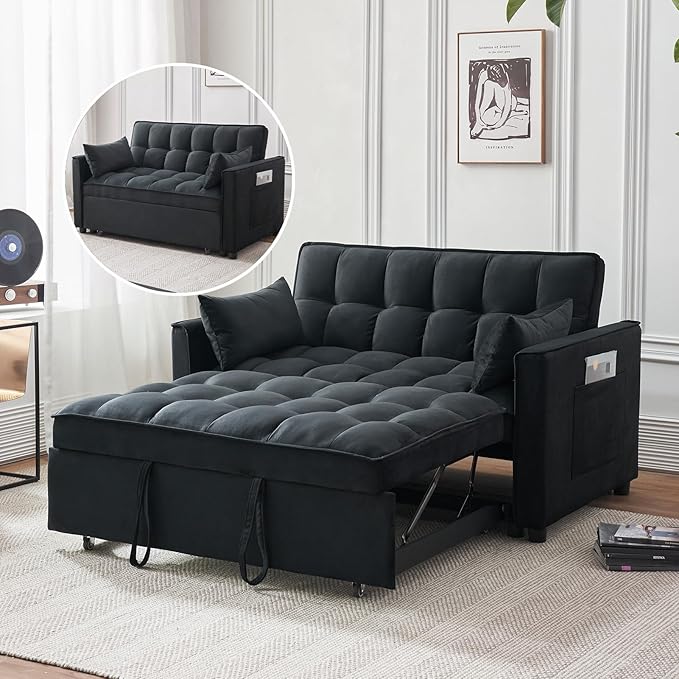 Futon Sofa BedModern 3 in 1 Convertible Sleeper Sofa Pull Out Couch Bed with Adjustable Backrest Storage Pockets and Toss Pillows for Living Room Bedroom (Black)