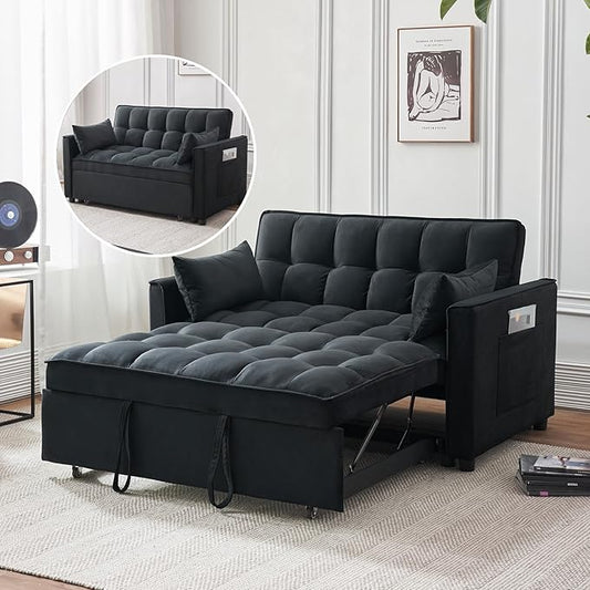 Futon Sofa BedModern 3 in 1 Convertible Sleeper Sofa Pull Out Couch Bed with Adjustable Backrest Storage Pockets and Toss Pillows for Living Room Bedroom (Black)