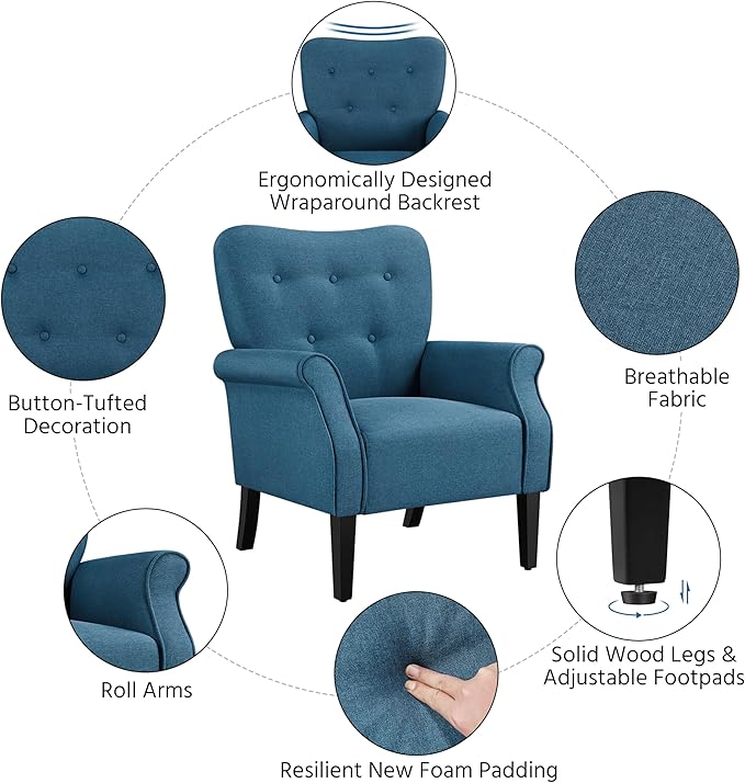 Yaheetech Modern Armchair Mid Century Accent Chair with Sturdy Wood Legs and High Back for Small Space Upholstered Fabric Sofa Club Chair for Living Room/Bedroom/Office Set of 2 Navy Blue