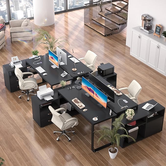 Homieasy L Shaped Desk with File Cabinet &amp Power Outlet Reversible 55 Inch Large Corner Computer Desks with LED Strip L-Shaped Computer Desk with Drawers and Storage Shelves Black