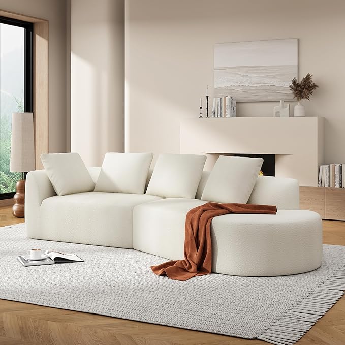 GDFStudio 116 Modern Curved Sectional Sofa with Chaise LoungePearl Upholstered Fully Compressed Sponge Couch2 Pcs SetRight Hand FacingFully Assembled Lounge Seating for Living RoomBeige