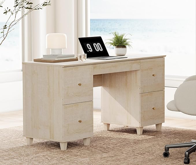 WAMPAT Light Oak Wood Desk with 4 Deep Drawers 58 Inch Modern Home Office Desk with Storage &amp Charging Station Wooden Large Executive Desk Work &amp Study Writing Computer Desk