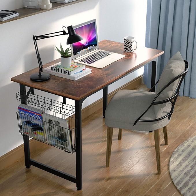 ASTARTH Study Computer Desk-40 Inch Home Office Desk Wood Storage Table Modern Writing Style Laptop Table Black Metal Frame PC Table with Storage Basket and Headphone Hooks Rustic Brown